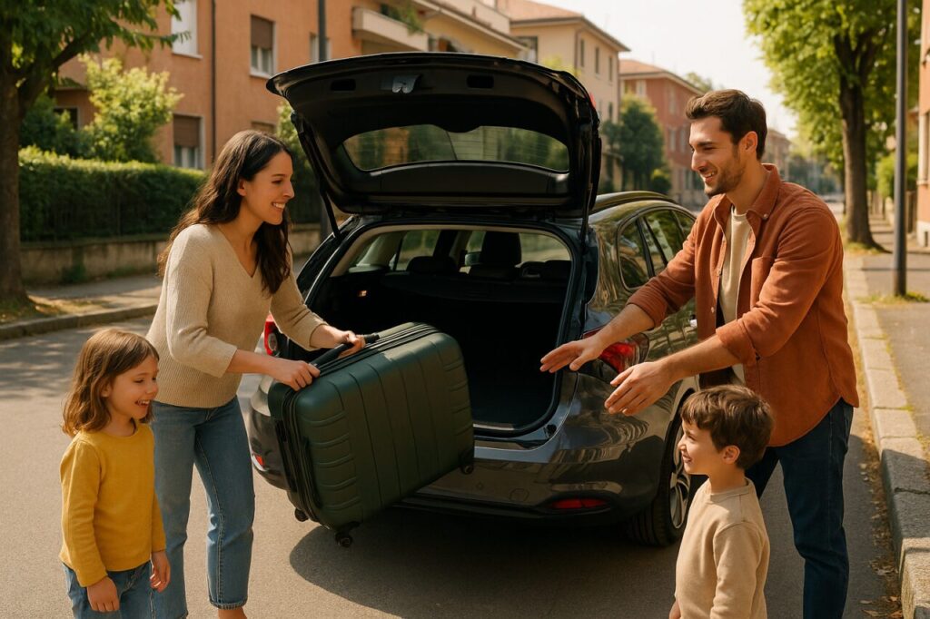 Famiglia italiana carica bagagli nel bagagliaio della Fiat Tipo Station Wagon km0 a Milano