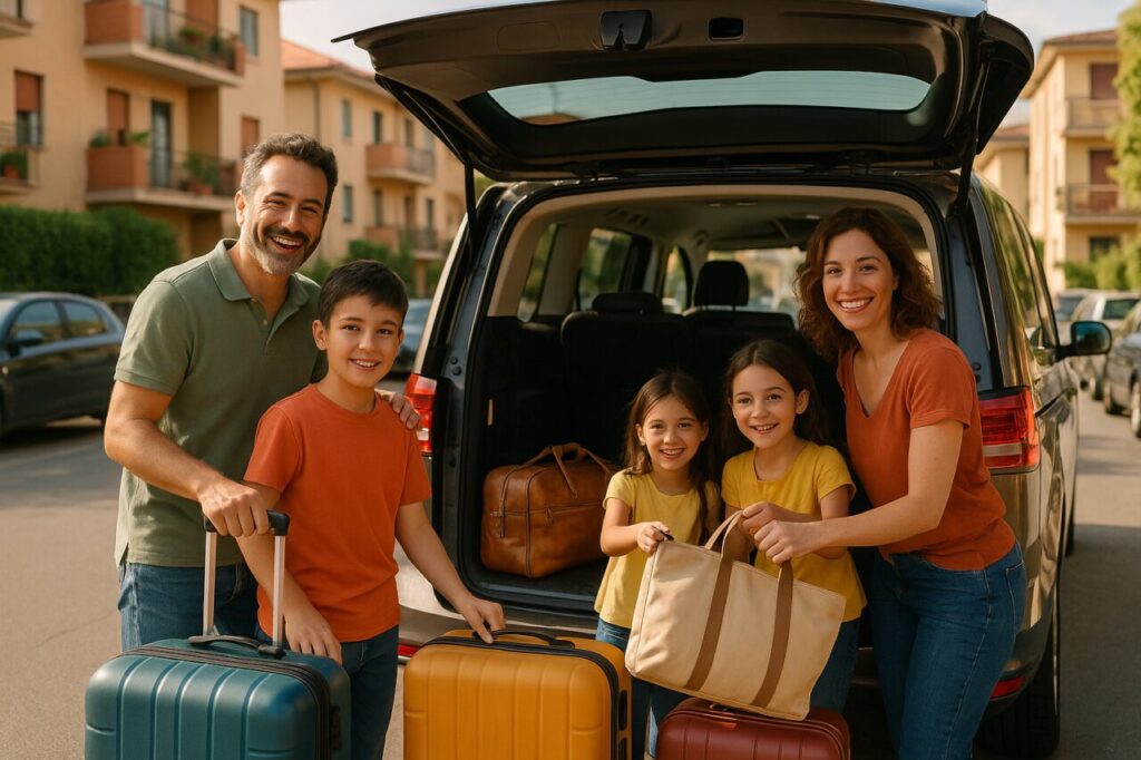 Famiglia italiana carica bagagli nel Ford Grand Tourneo Connect a sette posti in noleggio lungo termine