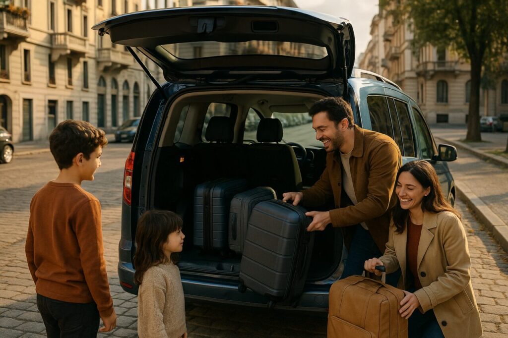 Famiglia italiana carica il bagagliaio del Ford Tourneo Connect in noleggio lungo termine