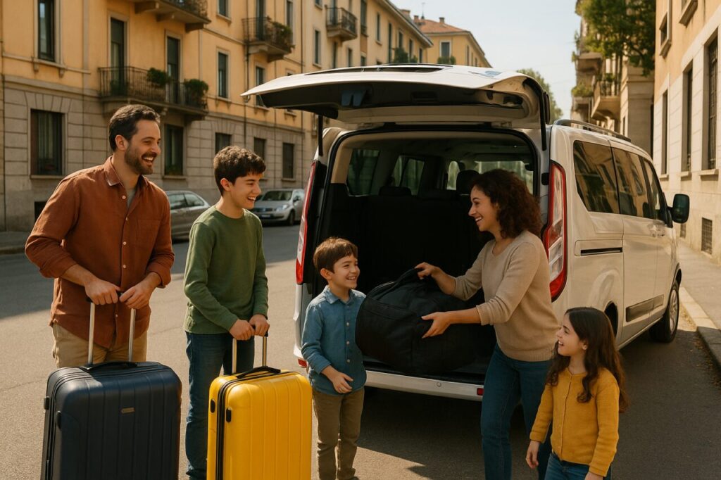 Famiglia italiana carica bagagli su Ford Tourneo Custom PHEV a Milano, noleggio a lungo termine multispazio ibrido