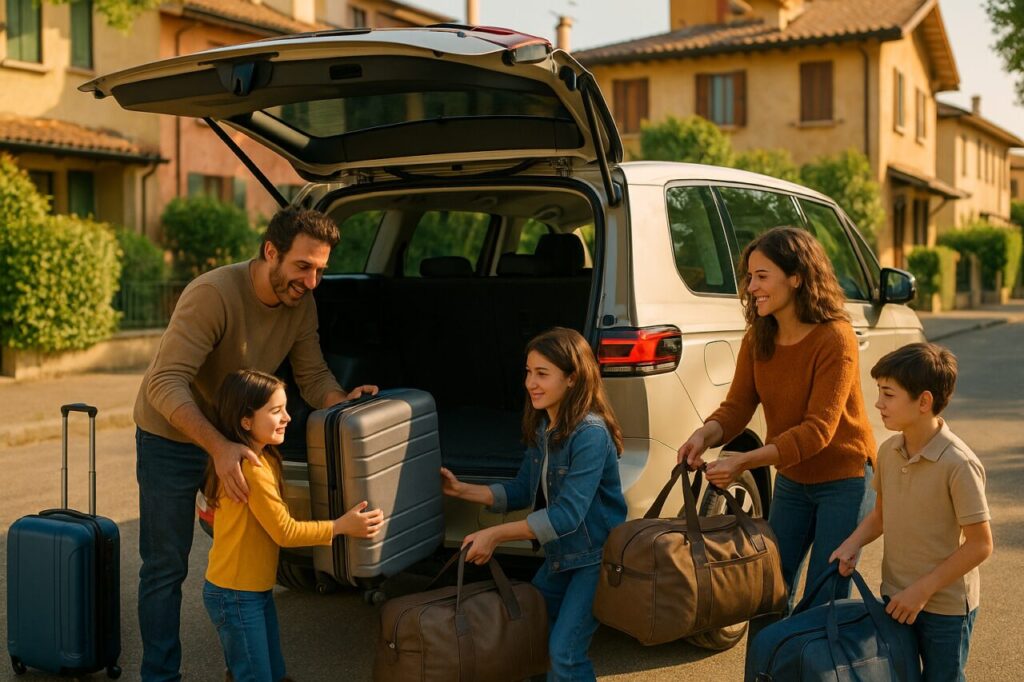 Famiglia italiana carica bagagli su furgone elettrico spazioso in noleggio a lungo termine