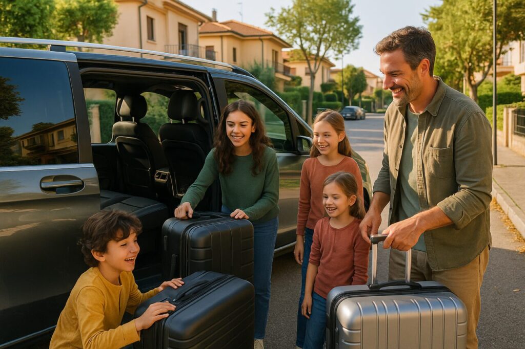 Famiglia italiana con bambini a bordo di una Mercedes Classe V in noleggio a lungo termine