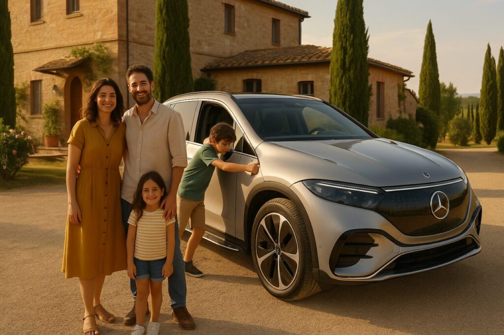 Famiglia italiana con Mercedes EQS SUV usato in noleggio a lungo termine senza anticipo tutto incluso