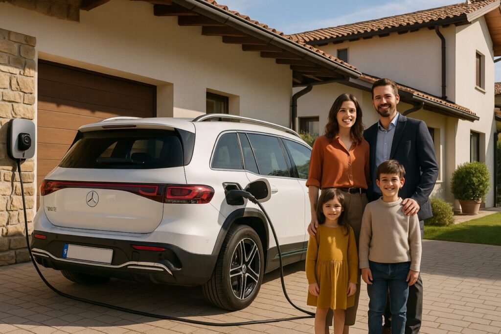 Famiglia italiana ricarica Mercedes EQB usato con wallbox a casa, noleggio a lungo termine