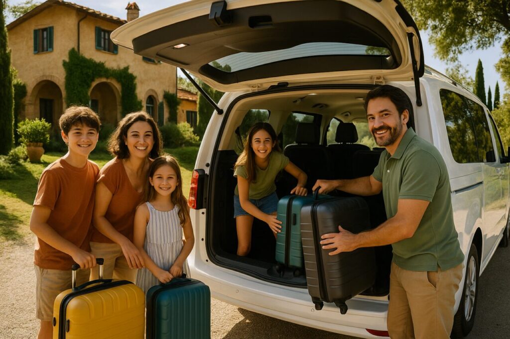 Famiglia italiana con bambini che carica bagagli in un Citroën Spacetourer usato in noleggio lungo termine