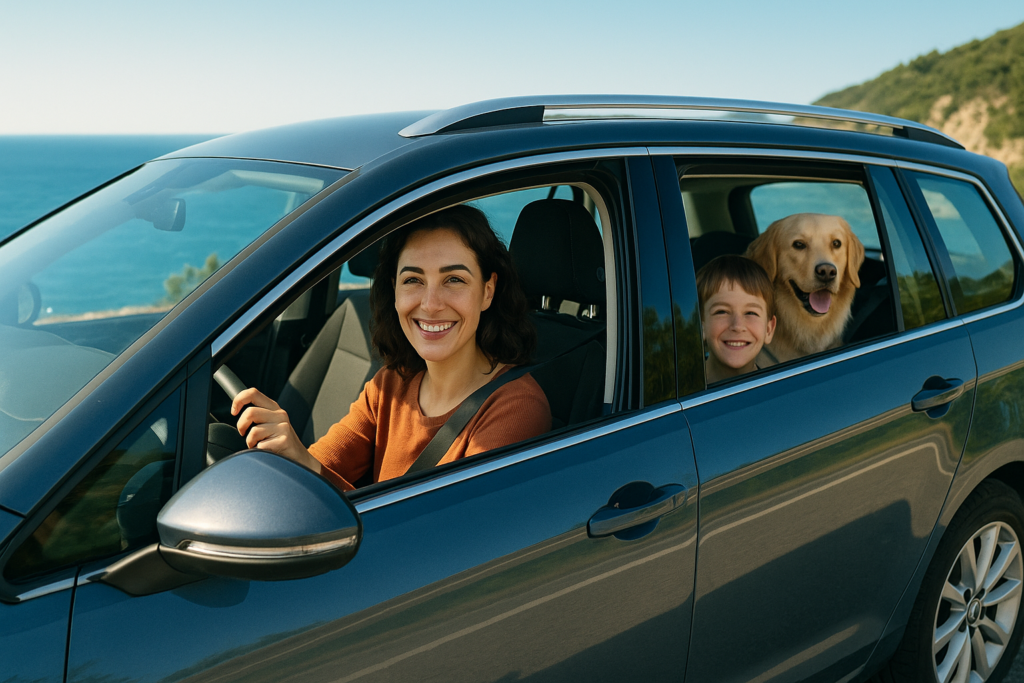 Madre italiana con bambini e cane a bordo di una station wagon in noleggio a lungo termine durante un viaggio in famiglia