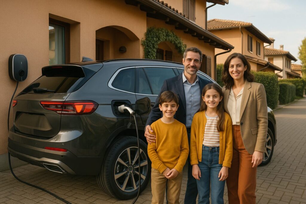Famiglia italiana con SUV ibrido plug-in in noleggio a lungo termine, ricarica domestica wallbox km0 seminuovo