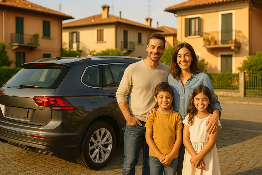 Famiglia italiana felice con SUV seminuovo in noleggio a lungo termine senza anticipo