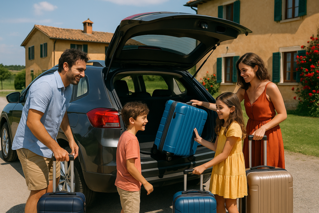 Famiglia italiana con SUV usato km0 in noleggio a lungo termine durante un viaggio estivo