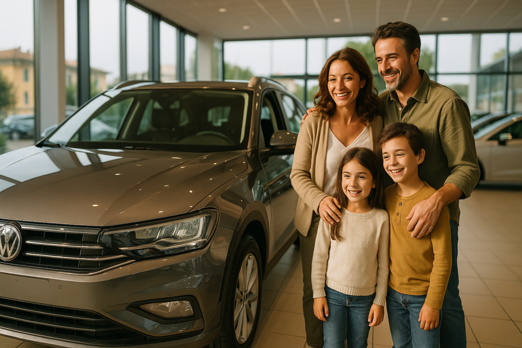 Famiglia italiana esamina auto km0 in concessionaria, noleggio lungo termine auto usate affidabili e convenienti