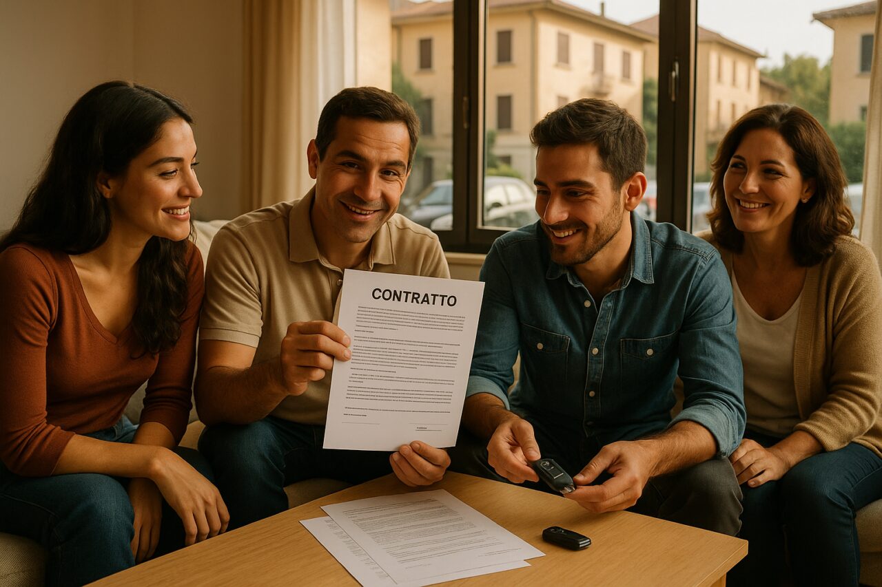 Famiglia italiana che discute di noleggio a lungo termine auto con contratto e chiave auto sul tavolo