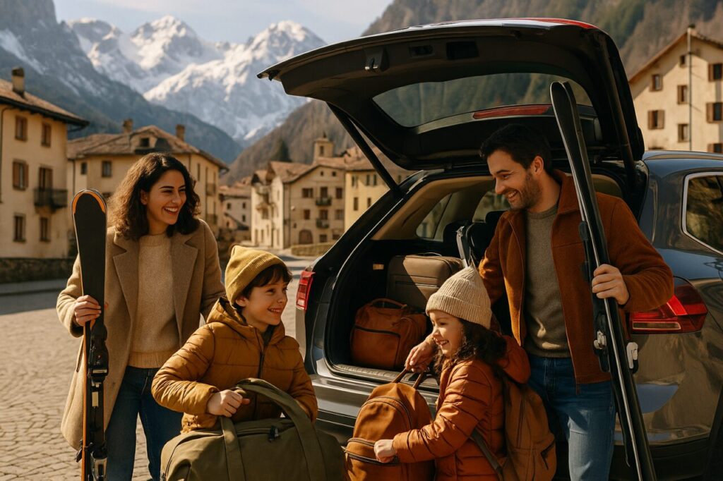 Famiglia italiana carica un SUV km0 in noleggio a lungo termine per un weekend in montagna