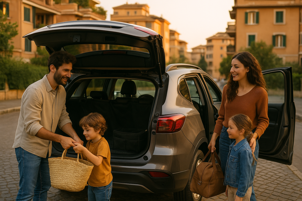 Famiglia italiana con SUV usato in noleggio a lungo termine personalizzato con accessori rimovibili a Roma