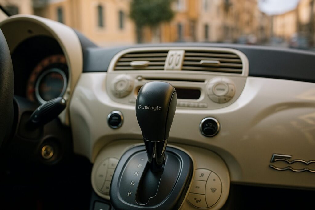 Interno Fiat 500 con cambio Dualogic e quadro strumenti, auto usata km0 in città italiana