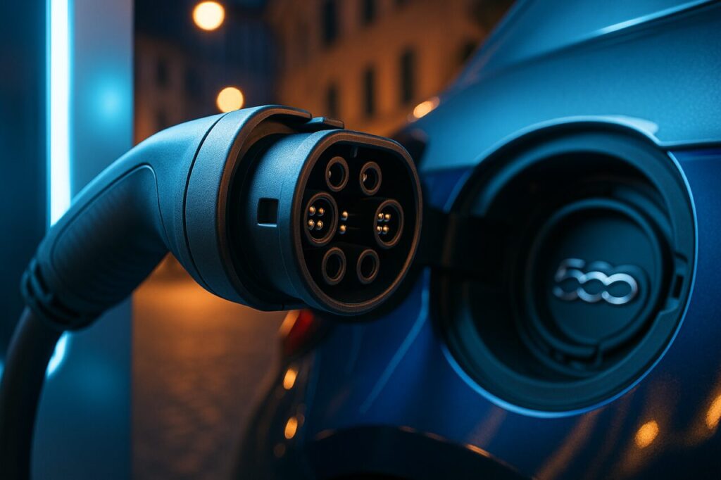 Connettore Tipo 2 per la ricarica della Fiat 500 elettrica, dettaglio tecnico per noleggio a lungo termine