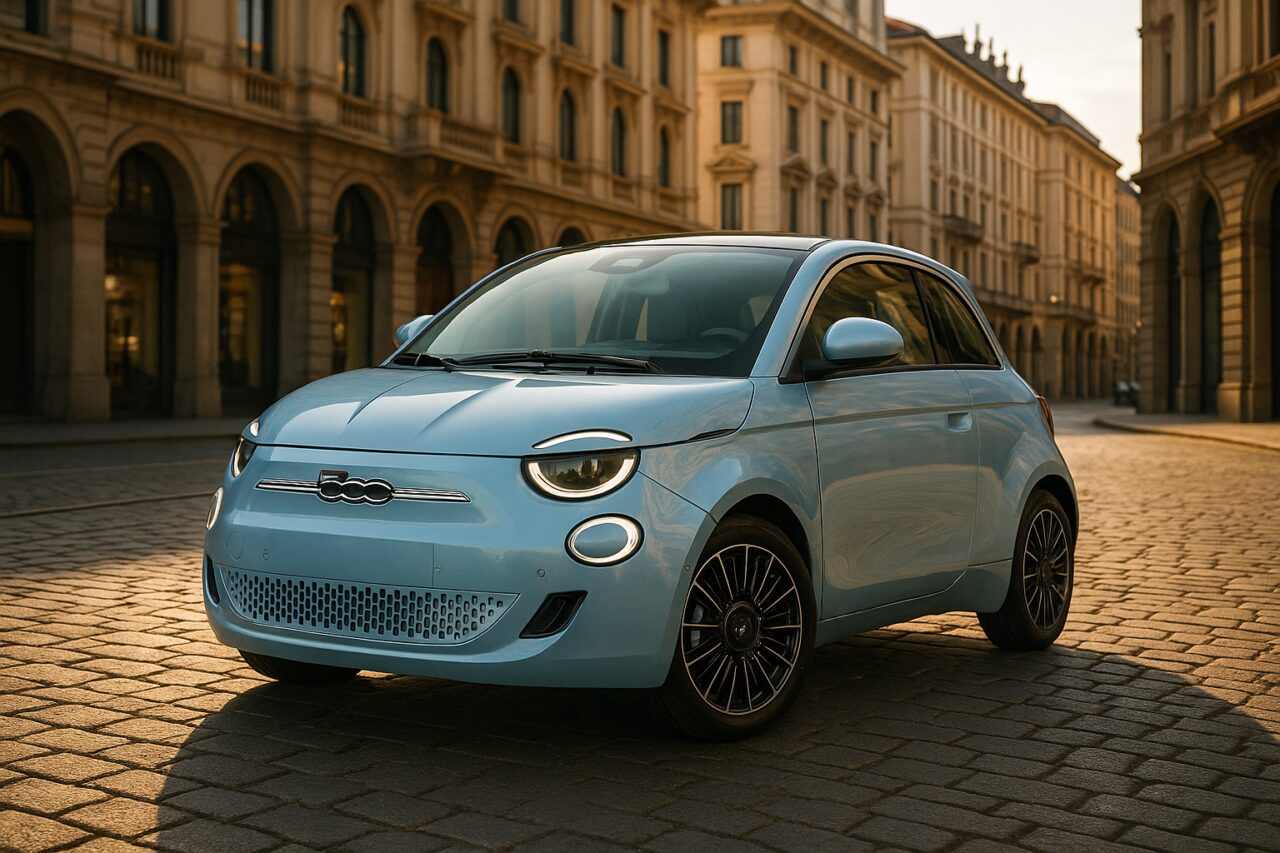 Fiat 500 elettrica usata in noleggio a lungo termine parcheggiata in una città italiana