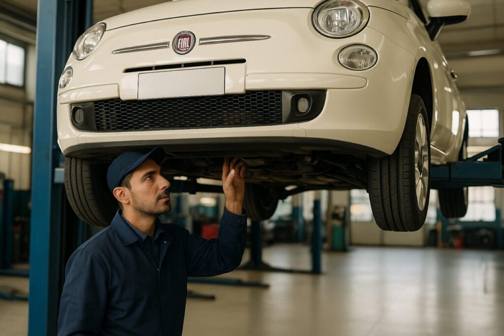 Meccanico italiano ispeziona sospensioni e telaio Fiat 500 usata su elevatore in officina