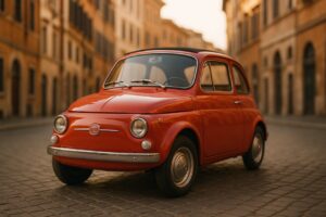 Fiat 500 usata in noleggio a lungo termine parcheggiata in centro storico italiano