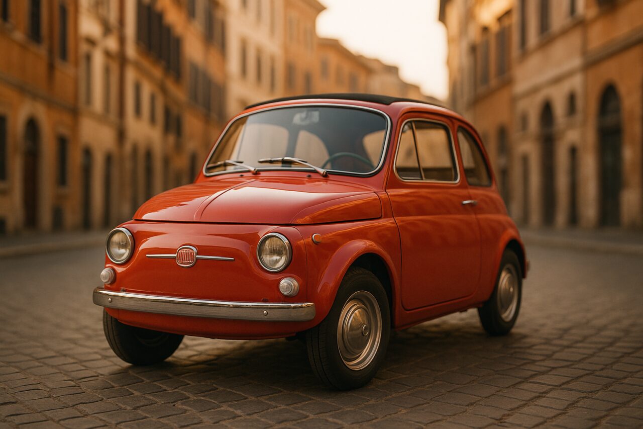 Fiat 500 usata in noleggio a lungo termine parcheggiata in centro storico italiano