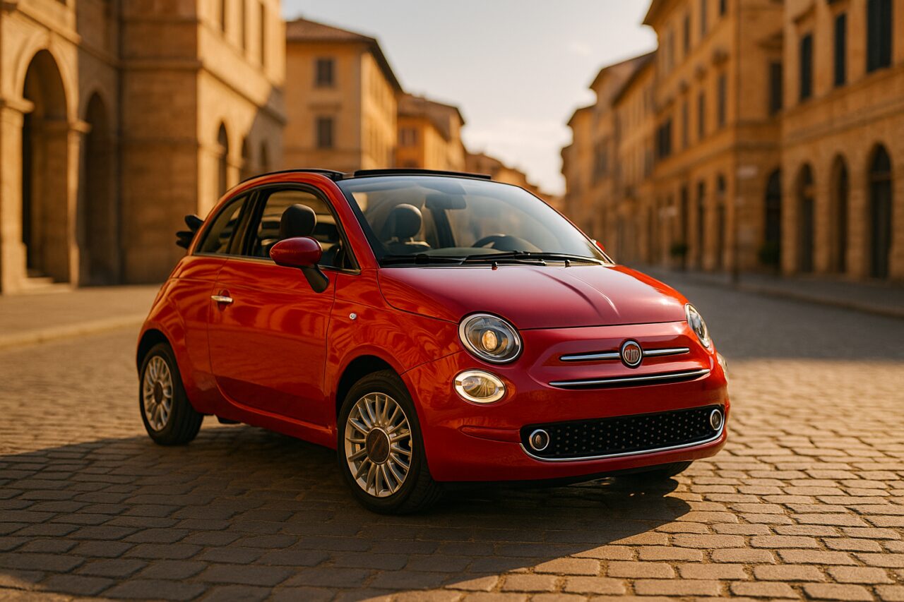 Fiat 500C cabrio rossa usata in noleggio a lungo termine su strada italiana