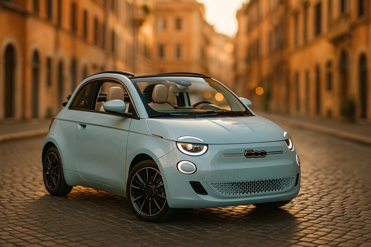 Fiat 500C elettrica usata in noleggio a lungo termine su strada italiana