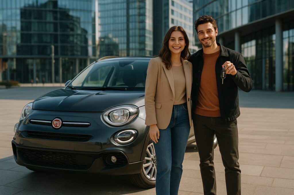 Coppia italiana con Fiat 500X km0 in noleggio a lungo termine senza anticipo in città