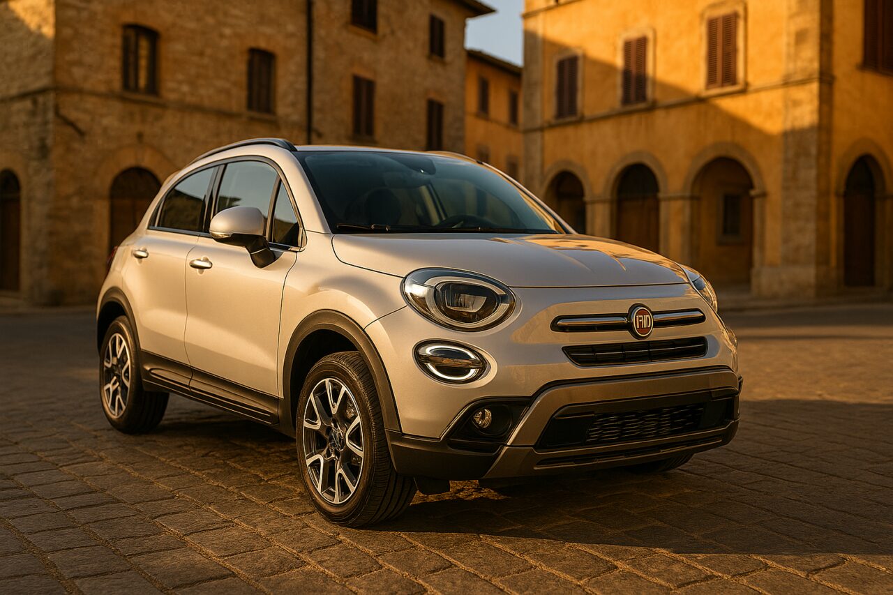 Fiat 500X usata in noleggio a lungo termine parcheggiata in una via italiana soleggiata