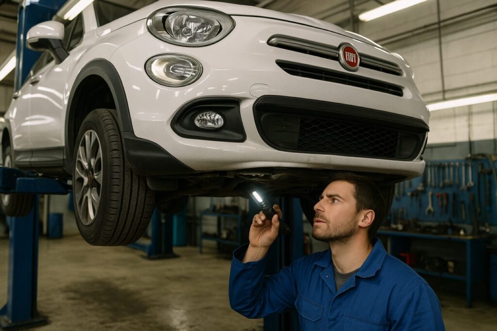 Meccanico italiano controlla le sospensioni anteriori di una Fiat 500X sul ponte sollevatore in officina