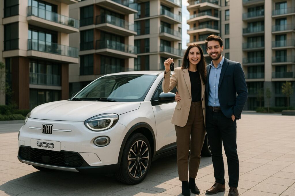 Coppia italiana con Fiat 600 elettrica in noleggio a lungo termine a Milano