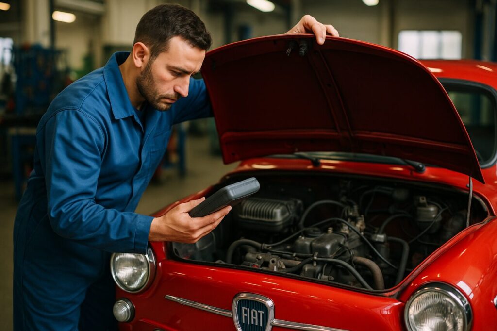 Meccanico controlla motore PureTech Fiat 600 in officina italiana