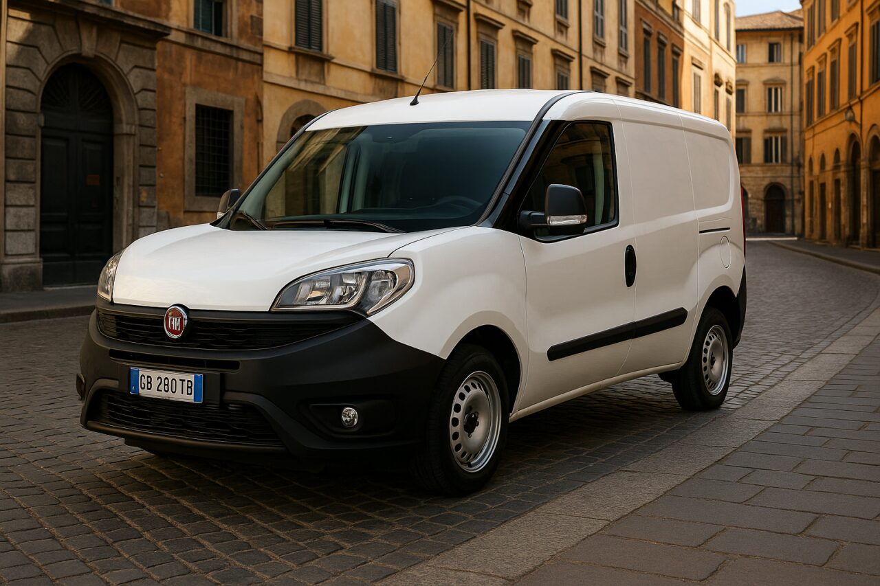 Fiat Doblò Cargo bianco parcheggiato in una strada italiana, noleggio a lungo termine furgone usato
