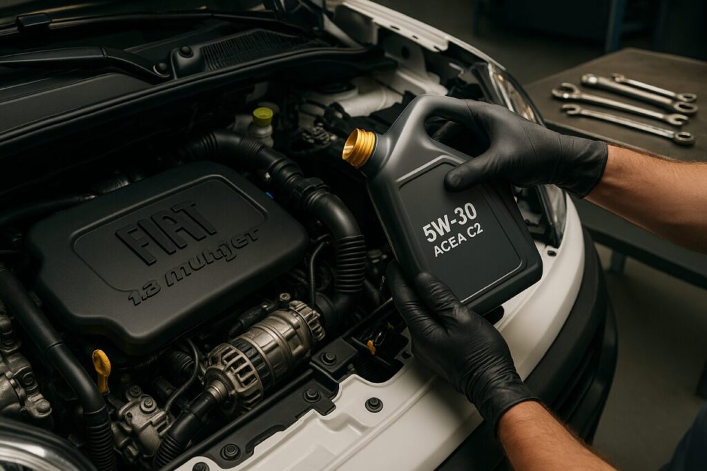 Meccanico controlla l'olio motore 5W-30 ACEA C2 su un Fiat Fiorino 1.3 Multijet durante il tagliando