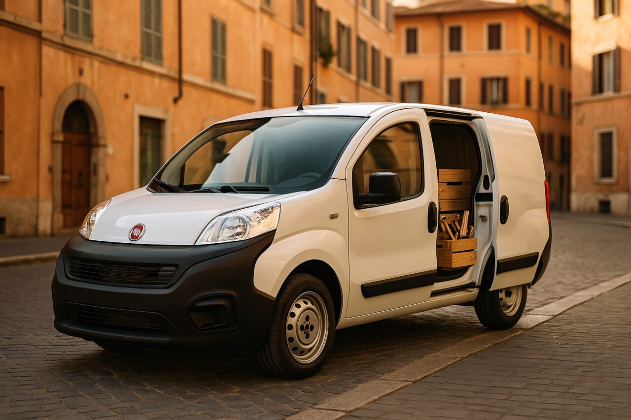 Fiat Fiorino usato parcheggiato in una città italiana, ideale per il noleggio a lungo termine per artigiani e professionisti