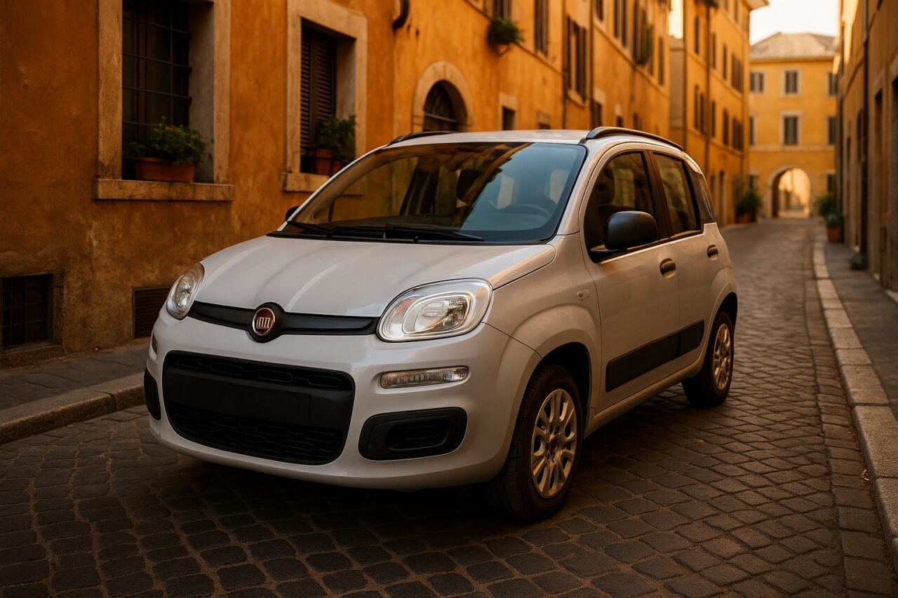 Fiat Panda usata parcheggiata in una strada di Roma, guida tecnica noleggio a lungo termine
