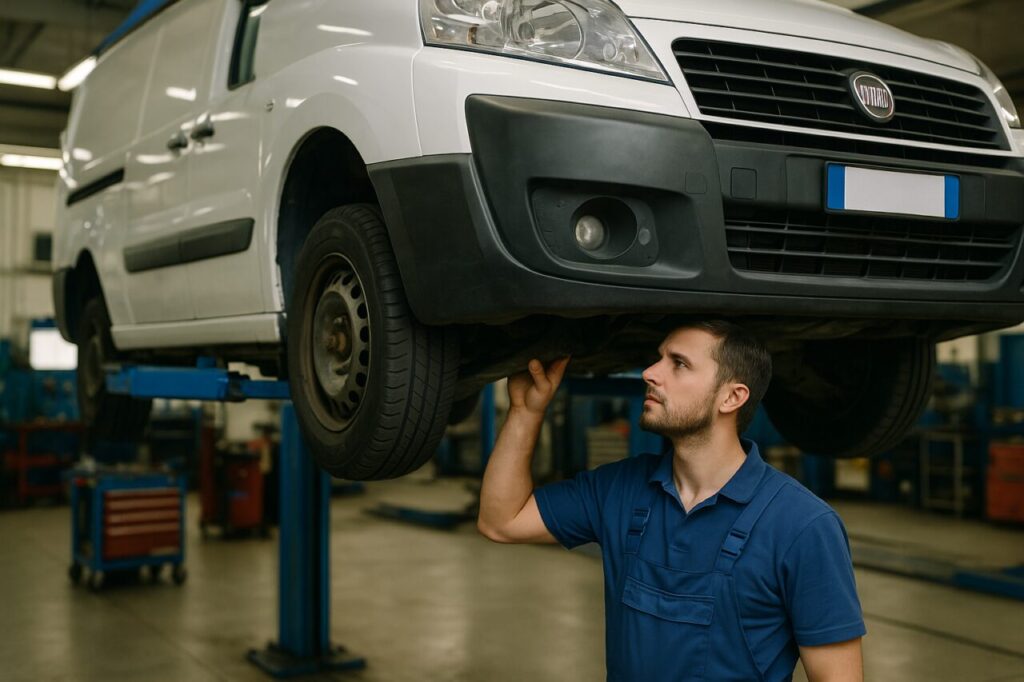 Meccanico italiano ispeziona il sottoscocca di un furgone Fiat Scudo usato su elevatore in officina