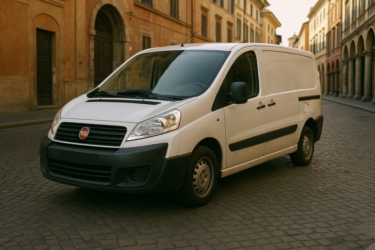 Fiat Scudo usato parcheggiato in una città italiana, noleggio a lungo termine furgone km0