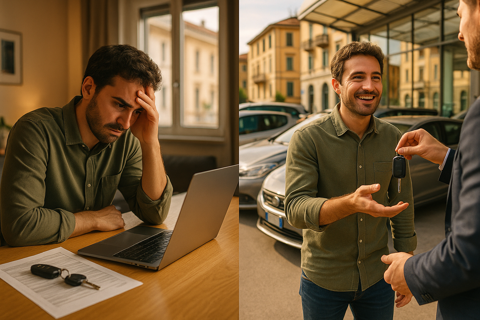 Uomo italiano deluso dal rifiuto del finanziamento auto confrontato con il noleggio a lungo termine di auto usate