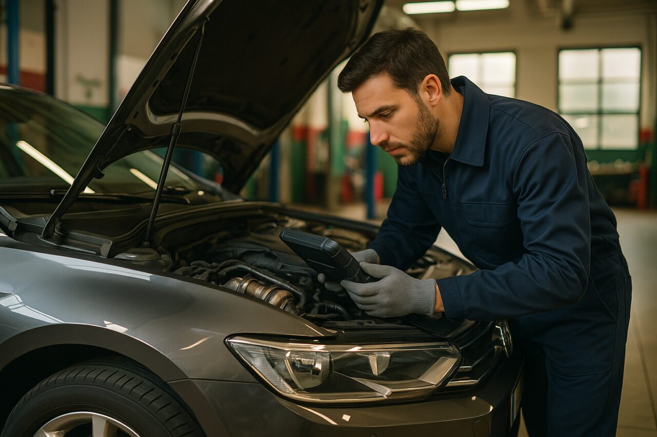 Meccanico che ispeziona la turbina di un'auto usata in un'officina italiana