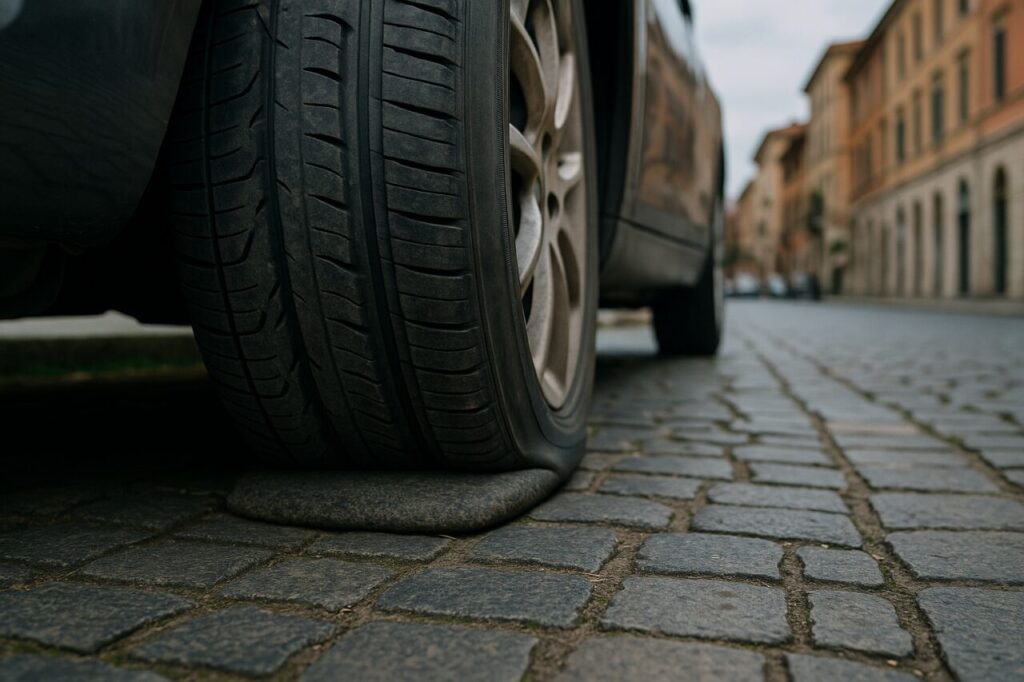Pneumatico con flat spot su auto seminuova parcheggiata in strada italiana - deformazione per sosta prolungata