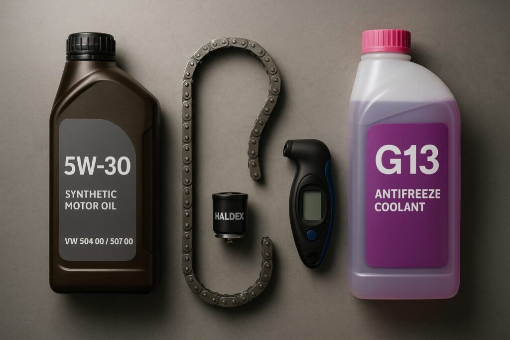 Fluidi e componenti di manutenzione per motore TSI turbo: olio sintetico 5W-30, filtro Haldex, liquido refrigerante G13 viola, catena di distribuzione