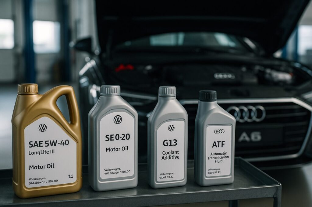 Fluidi e oli certificati Audi per manutenzione A6 usata, specifiche VW 504 507 olio motore cambio