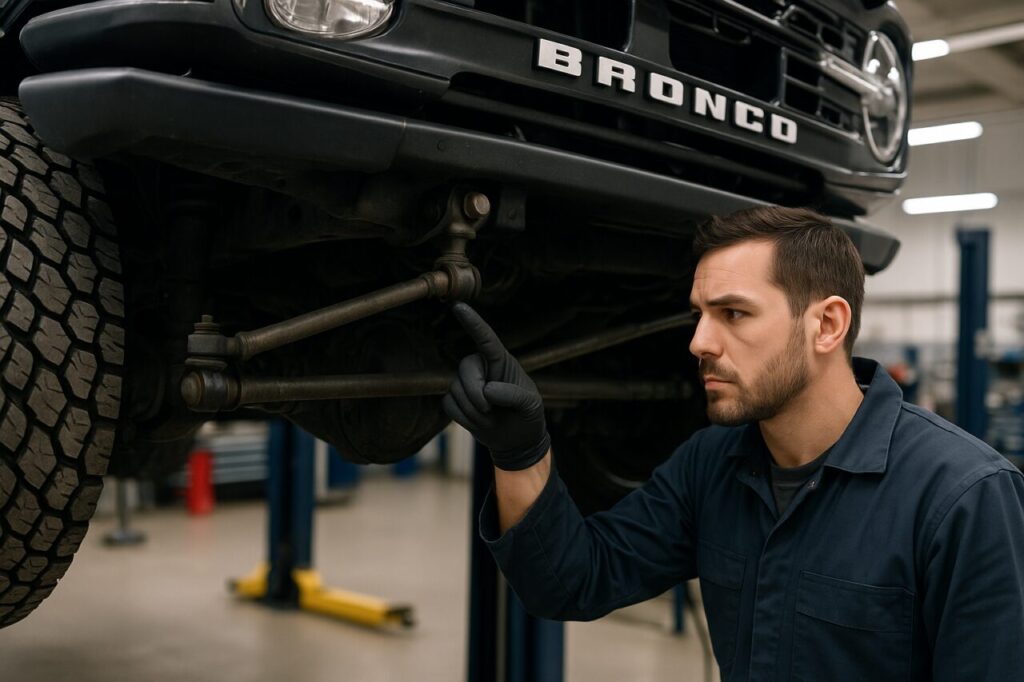 Meccanico italiano che controlla i giunti sferici e i braccetti di sterzo di un Ford Bronco sull'elevatore