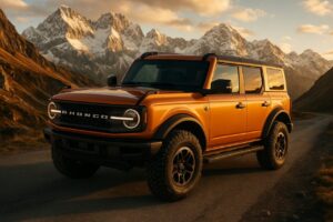 Ford Bronco parcheggiato su una strada di montagna nelle Alpi italiane in noleggio a lungo termine