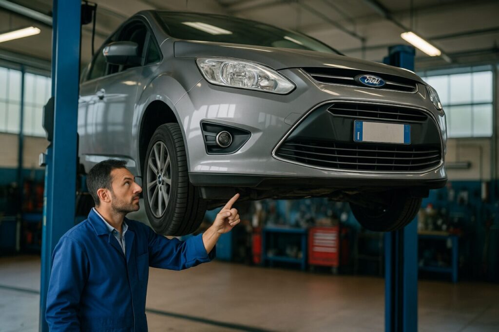 Meccanico italiano controlla il sottoscocca di un Ford C-Max sull'elevatore