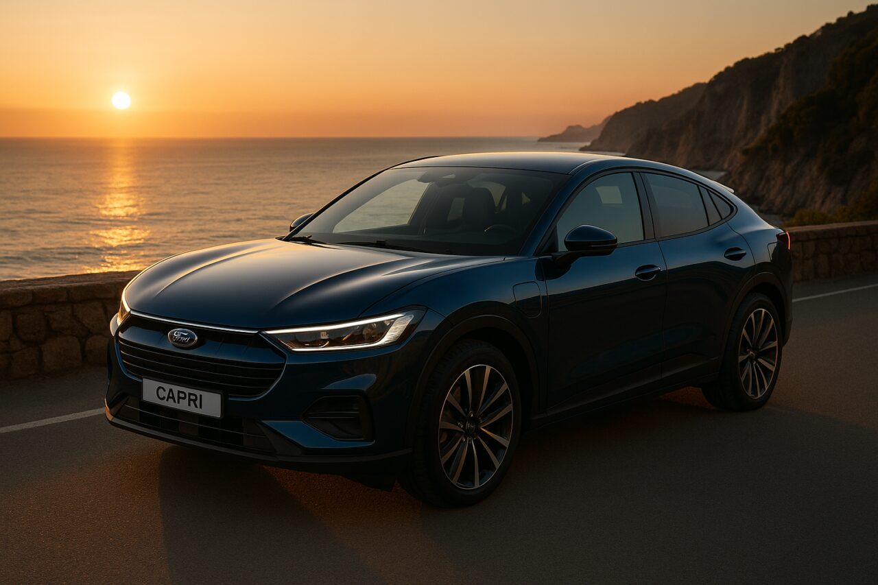 Ford Capri elettrico in noleggio a lungo termine su strada italiana, SUV coupé elettrico km0 seminuovo