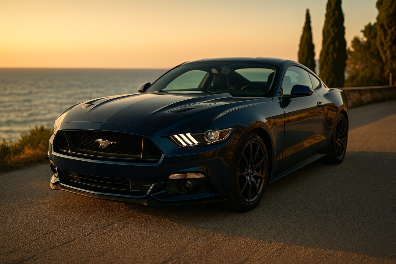 Ford Mustang usato in noleggio a lungo termine su strada italiana panoramica