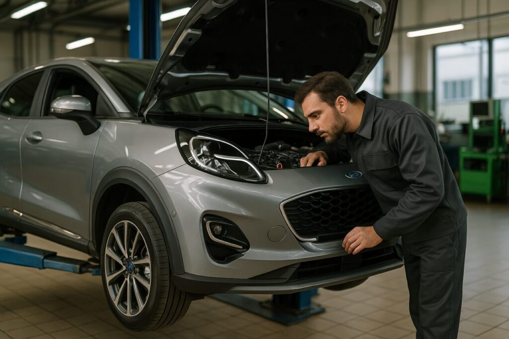 Meccanico controlla il motore EcoBoost di un Ford Puma usato in officina italiana