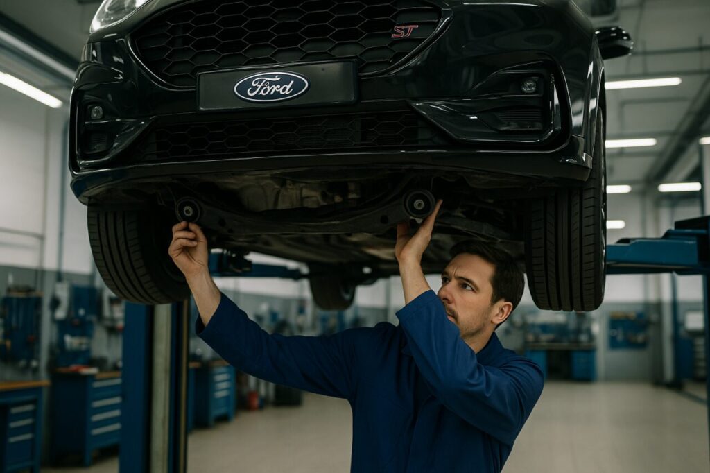 Meccanico controlla i braccetti anteriori e il sottoscocca di una Ford Puma ST usata in officina italiana