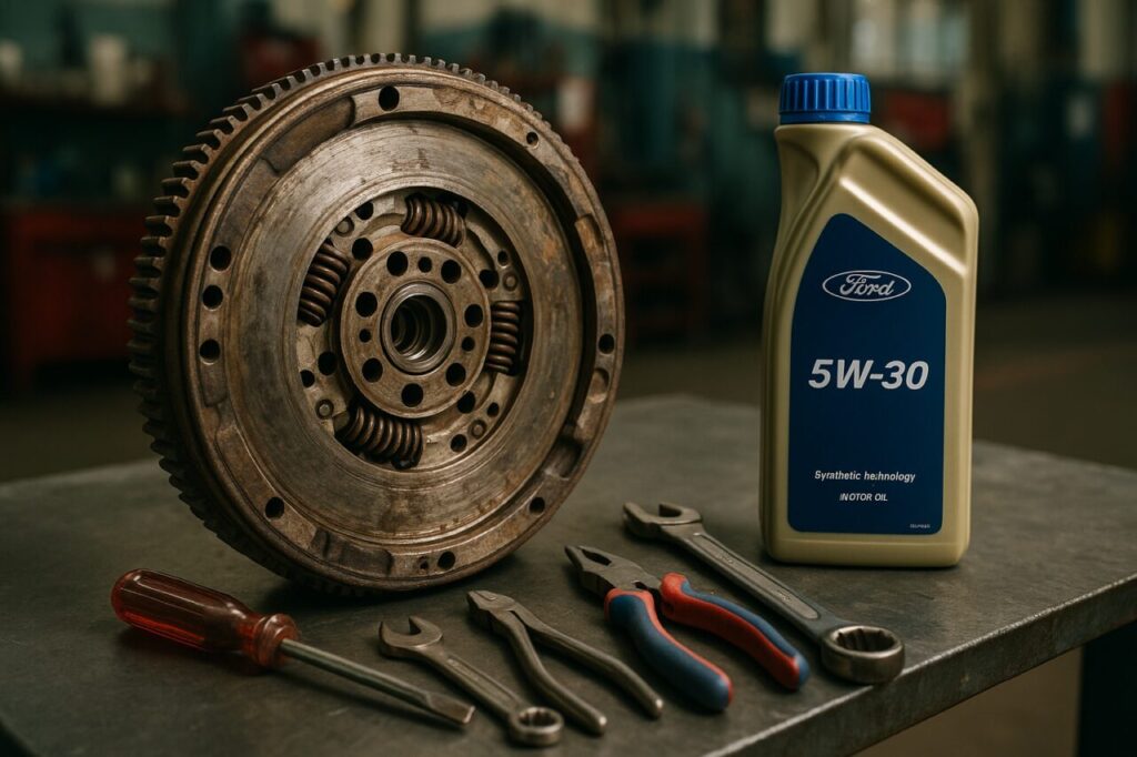 Volano bimassa usurato di una Ford Puma ST usata su banco officina con olio motore Ford 5W-30