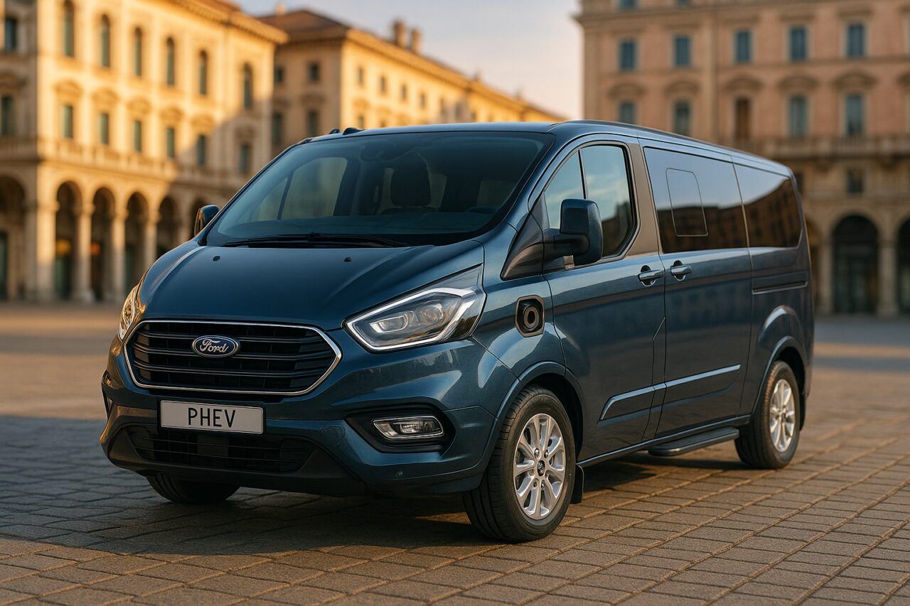 Ford Tourneo Custom Plug-in Hybrid parcheggiato in una città italiana, noleggio a lungo termine van ibrido plug-in